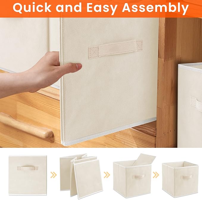 Large Storage Cubes - 13 Inch Heavy Duty Fabric Storage Bins for Shelves Closet, Cube Organizer - 8 Pack Collapsible Cube Storage Bins Baskets for Organizing Clothes Blankets Toys (Beige) - Image 7