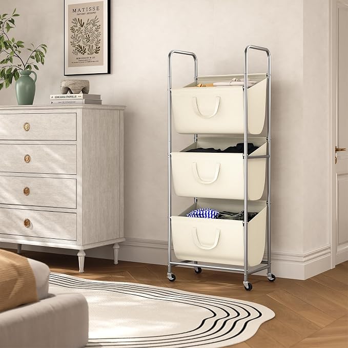 ELYKEN 3-Tier Vertical Rolling Laundry Hamper with Wheels & Removable Bags | 120L Capacity, Space-Saving Design, Locking Casters, 3 Section Laundry Sorter for Apartments, Small Spaces, Closet, Dorm - Image 2