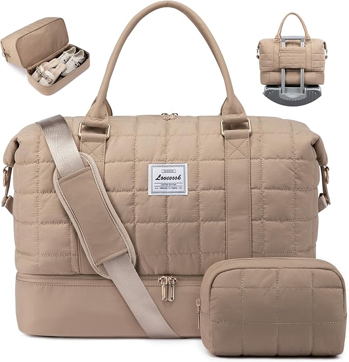 LOVEVOOK Travel Duffel Bag - Versatile Weekender Bag for Women, Puffer Carry On & Overnight Bag for Short Trips, Coffee Brown by LOVEVOOK