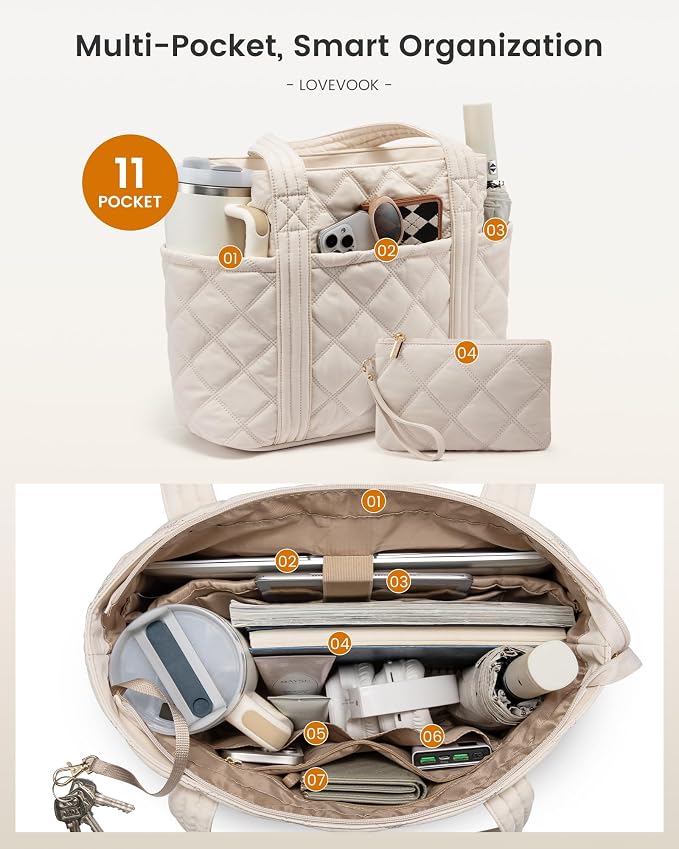 LOVEVOOK Puffer Tote Bag for Women, Puffy Work Handbag with Cup Holder, Travel Carry On Bag with Zipper for Teacher Nurse Gym - Image 4