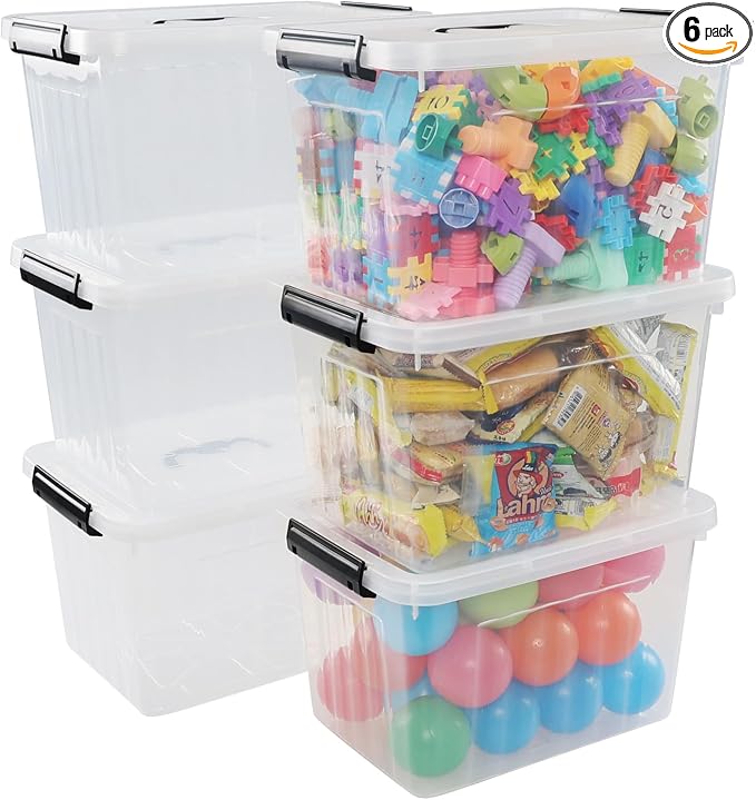 Ggbin 12 Quart Latching Storage Box Set of 6, Clear Lidded Container Bin | Stackable Box with Carry Handle by Ggbin