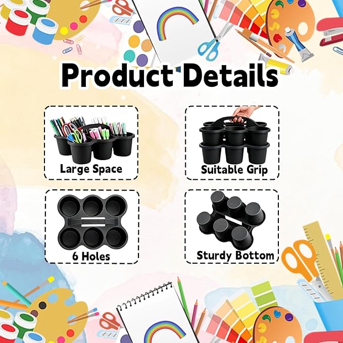 6 Pack Classroom Caddy Organizer with Handle Black Plastic Table Caddy 6 Compartments Storage Cup Holder for School Supplies Art Crafts Crayons Pencils Stackable Desk Caddy for Office Home - Image 3