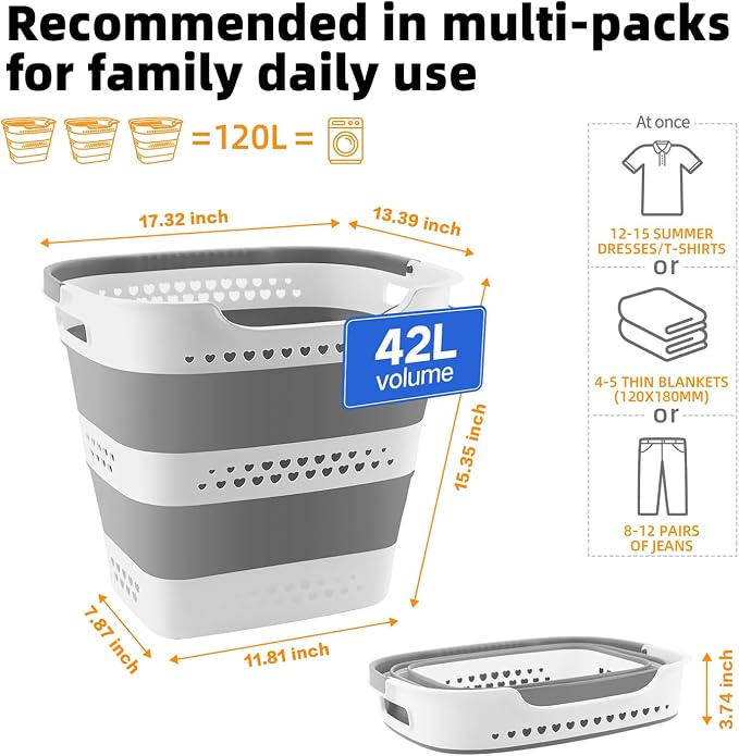 42L Medium Collapsible Plastic Laundry Basket with Handles, Foldable Laundry Basket Hamper, Pop Up Storage Container Organizer for Washing Storage (Gery, 17 Inch * 13 Inch * 15 Inch) - Image 2