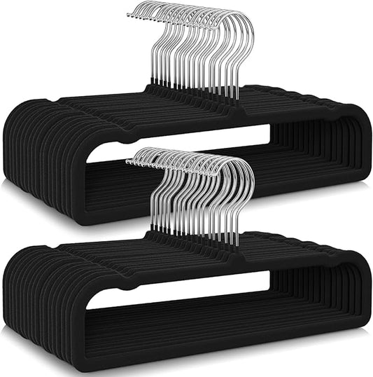 100 Pack Velvet Hangers Non Slip, Felt Pants Hangers Thin Space Saving | Clothes Hanger Flocked Strong Durable Ganchos Para Colgar Ropa with 360°Swivel Hook for Pants Jeans Shorts Tank Top, Black by Besslly