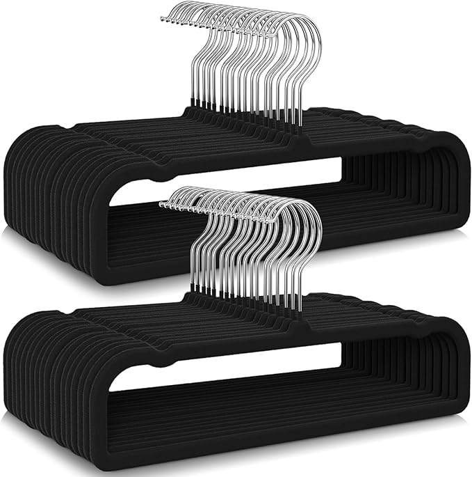 50 Pack Black Velvet Hangers Non Slip, Felt Pants Hangers Thin Space Saving | Clothes Hanger Flocked Strong Durable Ganchos Para Colgar Ropa with 360°Swivel Hook for Pants Jeans Shorts Skirts Tank Top by Besslly