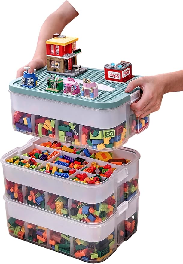 Plastic Storage Organizer for Lego Box Kids Child Toy Stackable Containers with Lids Bins 3 Layers Adjustable Compartments Building Blocks Chest Case by Harazaqa