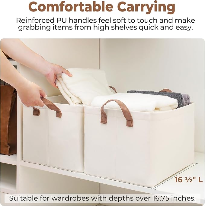 StorageWorks Storage Basket for Shelves, Storage Bins, Natural, 2-Pack | Large, With Reinforced PU Handles, Metal Frame, Sturdy Structure, Collapsible, Holds Clothes, Towels, Blankets - Image 8