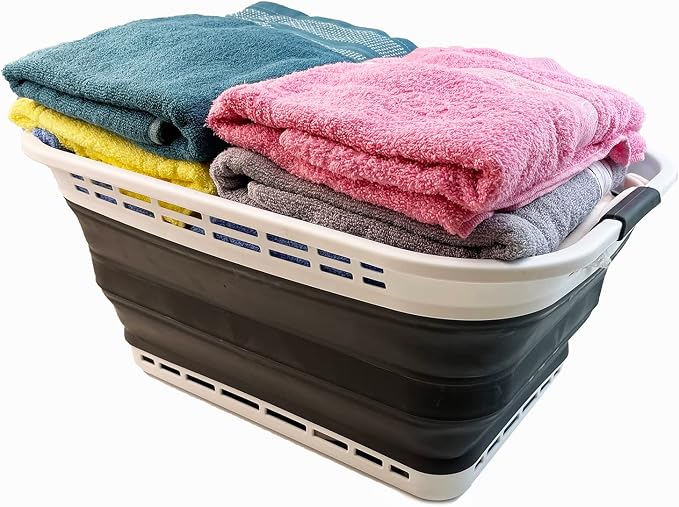 SAMMART 42L (11 gallons) Collapsible Plastic Laundry Basket - Portable Pop Up Storage Container/Organizer - Portable Hamper - Space Saving Easy Storage (White/Asphait (Set of 2)) - Image 5