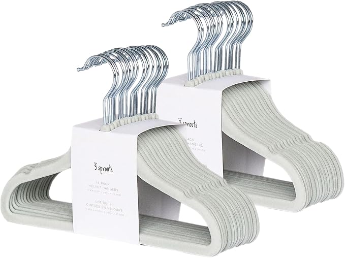 3 Sprouts Velvet Baby Hangers, Non Slip Slim, Green, 30 Pack | Non-slip velvet, Notched shoulders, 360-degree swivel hook, 11.75 x 8 in, Infant and toddler clothes, Soft colors for nursery by 3Sprouts