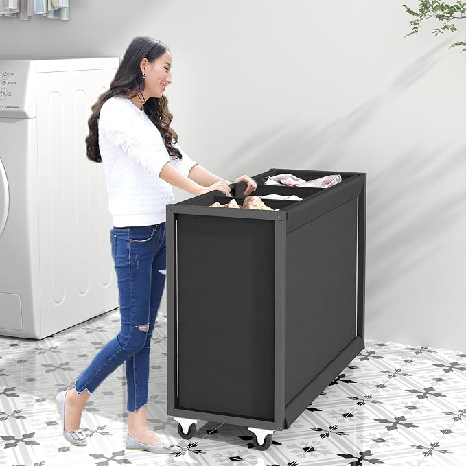 Laundry Hamper Laundry Basket with 3 Section Pull-Out Rolling Bags, Laundry Sorter for Organization and Storage with 2 Pull-Out Drawers for Laundry Room (Brown+Black, 43.31'' x 31.81'' x 12.6'') - Image 4