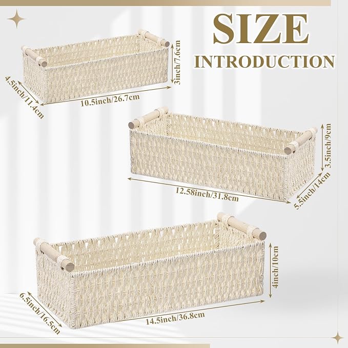 Boao 3 Pcs Boho Storage Wicker Baskets Handmade Woven Decorative Paper Rope Baskets for Organizing with Handle Countertop Toilet Paper Storage Container for Toilet Tank Top (Beige,Rectangle) - Image 2