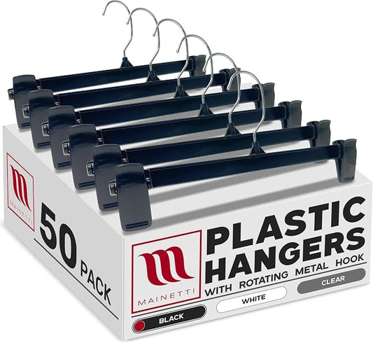 12in Black Plastic Pants Hangers with Non-Slip Clips (50 Pack) | Space-Saving Black Plastic Hangers, Non-Slip Clips & 360 Swivel Metal Hook, Closet Hangers for Pants, Skirts, Slacks & Shorts by Mainetti