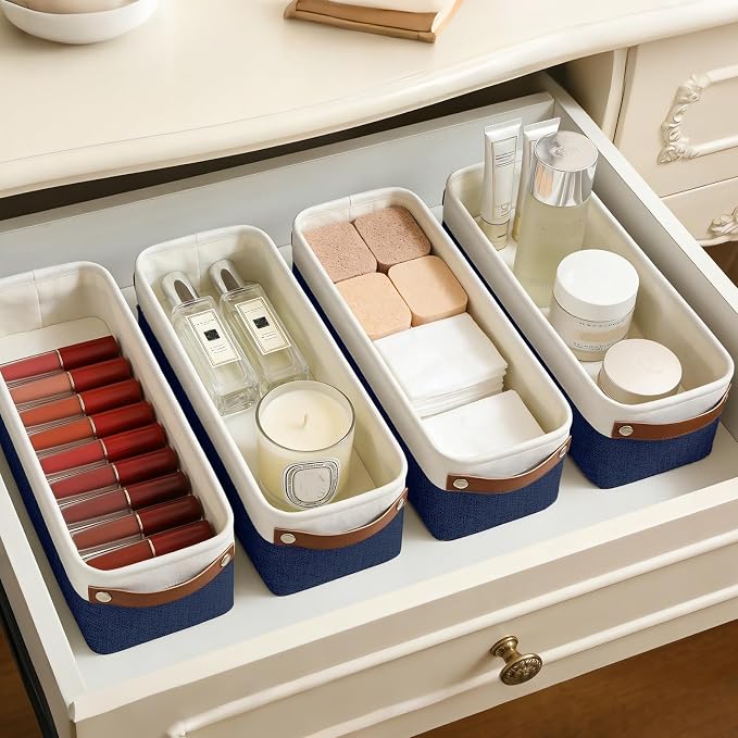 Small Fabric Storage Baskets, 15x6x5 inch Narrow Storage Bins 4-Pack Long Storage Basket for Organizing with Handles, Decorative Basket for Closets, Shelves, Toilet Paper, Navyblue - Image 5