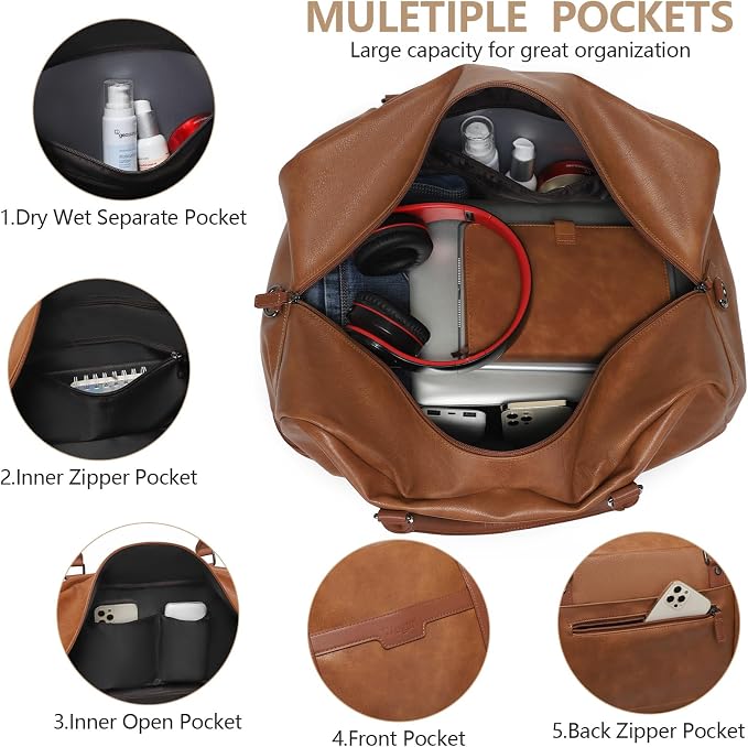 4-in-1 Waterproof Faux Leather Overnight Travel Bag for Women Men | Hospital Gym Weekender Bag Carry On Personal Item Travel Duffel Bags with Shoe Compartment Toiletry Bag Fit 21" Laptop - Image 4