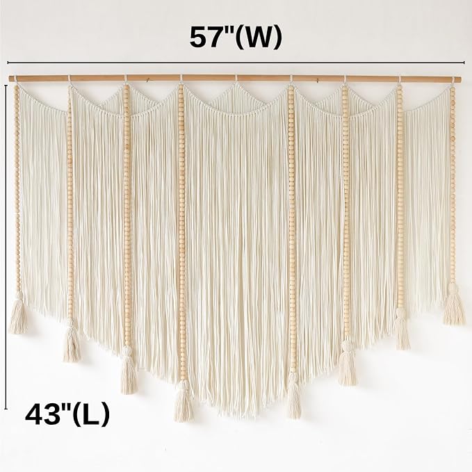 Jakalin Macrame Wall Hanging White Beads Yarn Art Boho Home Decor 57"x43" | Boho Wall Decor for Living Room,Bedroom,Nursery,Handwoven Tassel,Macrame Wall Art Cotton Craftsmanship Texture Wall Decor - Image 5