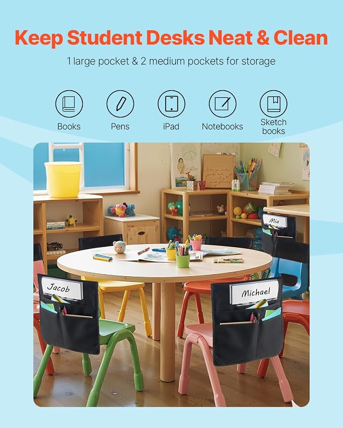 VEVOR Chair Pockets for Classroom, 24 Pack, 14 x 15 Inches Chairback Buddy Pocket with Name Tag, Back of Chair Organizer for Kids in Classroom, Kindergarten, School, and Home, Black - Image 3
