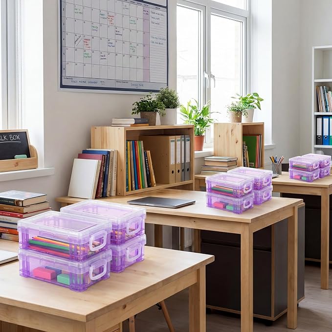 Suzile 40 Pcs Plastic Crayon Boxes Holds 24 Crayon with Snap Lid Storage Container Clear Stackable Case for School Office Classroom Supplies Pen Pencil Craft(Purple) - Image 6