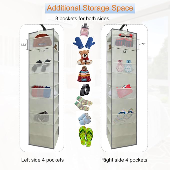 Large-Sized Hanging Shoe Organizer 10-Shelf, Sturdy Hanging Closet Organizer with 8 Side Pockets, Wider Hanging Shelves for Storage Shoes Clothes Jeans Shirts Toys, Beige - Image 6