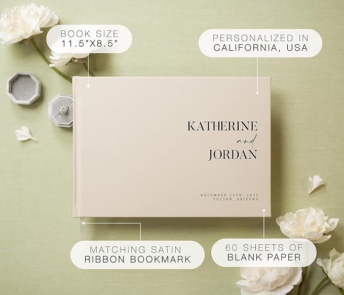 Personalized Guest Book - 11.5" x 8.5" Premium Custom Guest Signing Book with Bookmark and Blank Pages for Wedding Reception Table Decoration Engagement Birthday Party Event, Oats - Image 2