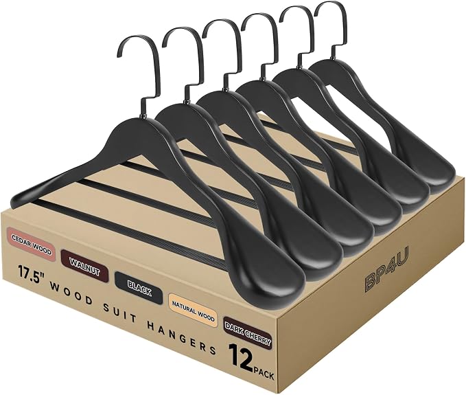 Wooden Suit Hangers with Non Slip Pants Bar, Black, 12-Pack, 17.5" | Wood Extra-Wide Shoulder Hangers with Flat-Head Hook for Suits, Coats, Jackets, Shirts, Pants, Heavy Clothes by BP4U%E2%84%A2