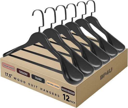 Wooden Suit Hangers with Non Slip Pants Bar, Black, 12-Pack, 17.5" | Wood Extra-Wide Shoulder Hangers with Flat-Head Hook for Suits, Coats, Jackets, Shirts, Pants, Heavy Clothes by BP4U%E2%84%A2