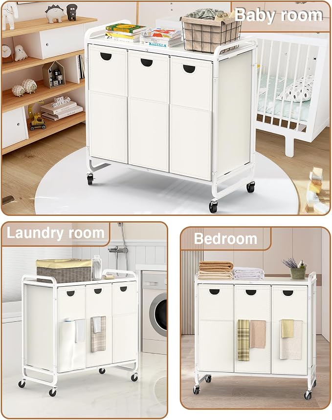 Laundry Hamper 3 Section,Laundry Basket with Wheels,3×15.8 Gal (60L) White | Laundry Room Organization with Wooden Desktop Shelf,Pull-Out and Removable 900D Oxford Fabric Laundry Bags for Laundry Room - Image 7