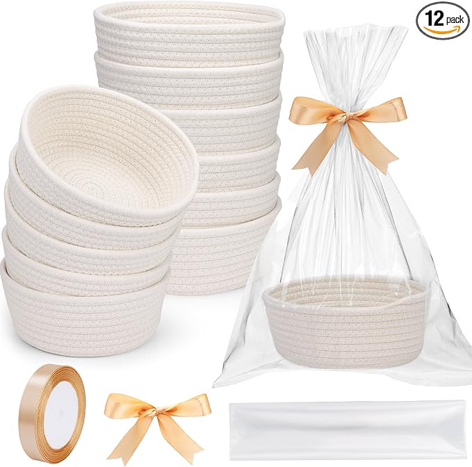 12 Pack Small Woven Storage Baskets with Gift Bag and Ribbon for Organizing Woven Natural Cotton Rope Bins Round Boho Empty Decorative Gift Chest Basket Box for Bathroom, Closet, Shelf Organizer (12) by Unknown