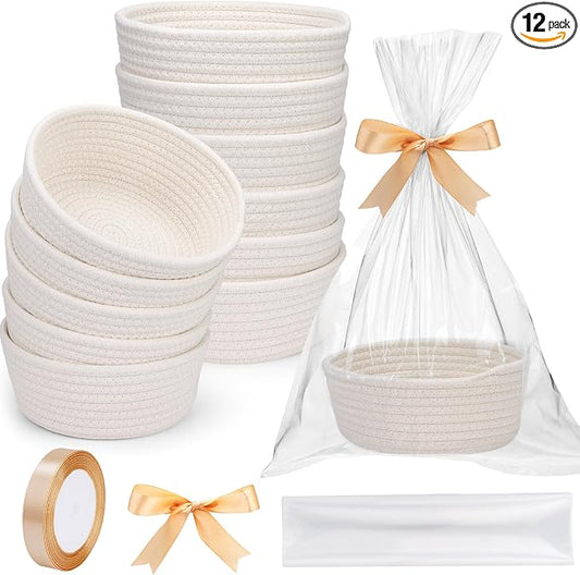 12 Pack Small Woven Storage Baskets with Gift Bag and Ribbon for Organizing Woven Natural Cotton Rope Bins Round Boho Empty Decorative Gift Chest Basket Box for Bathroom, Closet, Shelf Organizer (12) by Unknown
