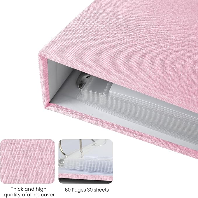 8.5x11 Scrapbook Inch Large 3 Ring DIY Linen Cover Scrap Books with 30 Plastic Sleeves 60 Pages Blank White Inner Pages, 8.5 x 11 Scrapbook Photo Albums for Baby Travel Wedding kids (Pink) - Image 6