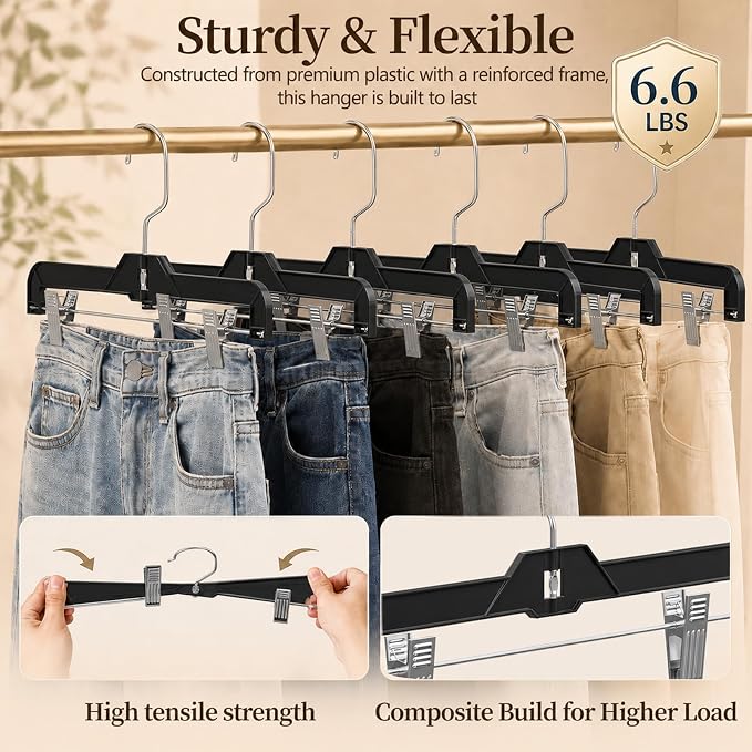 14" Black Pants Hangers with Clips 12 Pack, Plastic Skirts Hangers | Slim Space Saving, Adjustable Clips Hangers with 360° Swivel Hook & Non-Slip Pad for Adults and Kids, Pants, Shirt, Jeans - Image 5