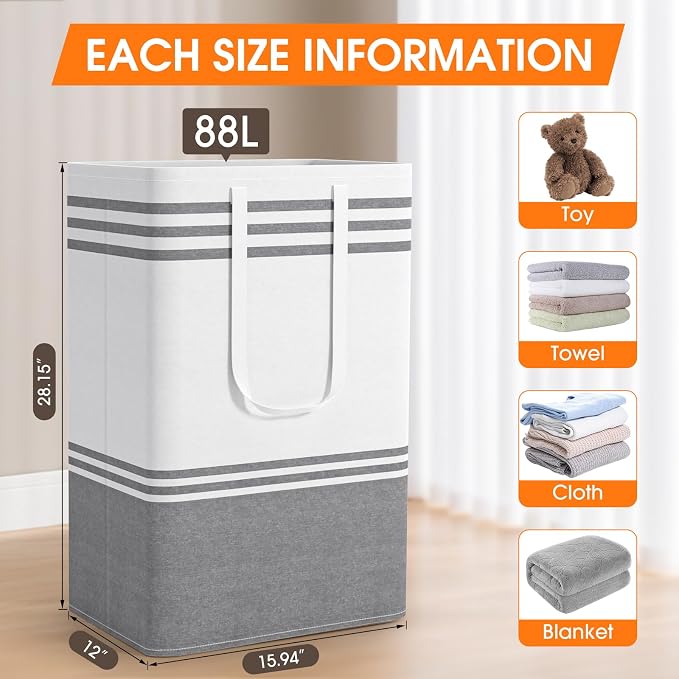 3 Pack Large Laundry Baskets, Laundry Hampers, Freestanding Waterproof Collapsible Clothes Bag with Extended & Reinforced Handles - Clothes Basket for Dorm, Bathroom, Home (88L) - Image 2