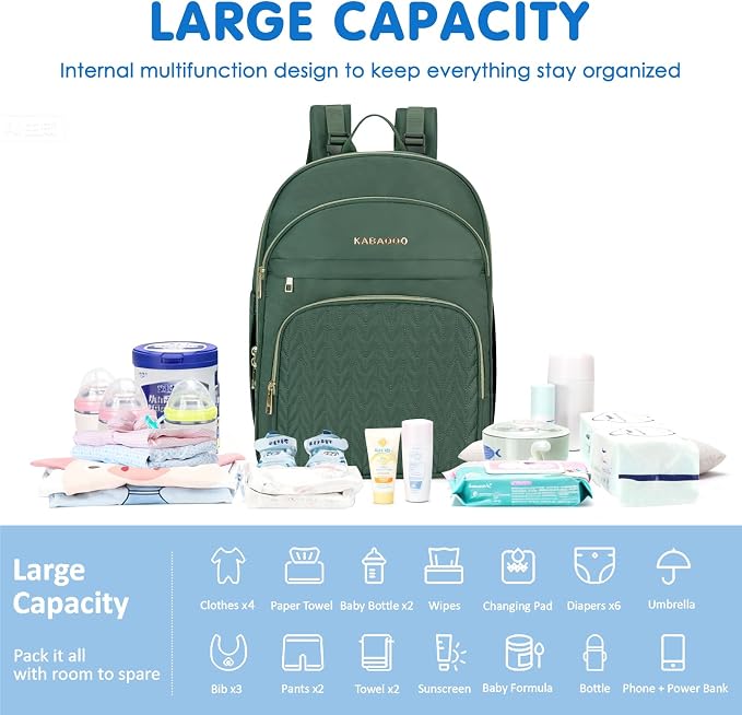 Baby Diaper Bag Backpack, Waterproof Diaper Backpack for Mom & Dad with Changing Pad, Insulated Pockets and Stroller Straps, Baby Shower Gifts for Girls & Boys, Sage - Image 6