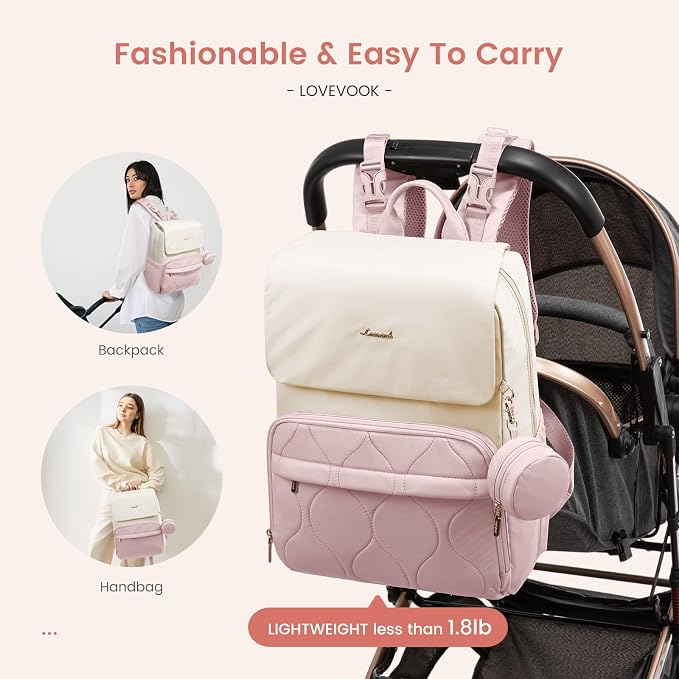 LOVEVOOK Diaper Bag Backpack, Baby Travel Bags for Boys & Girl, Toddler Waterproof Diaper Bag w/Changing Pad (Pink, 15.6''-Small) - Image 6