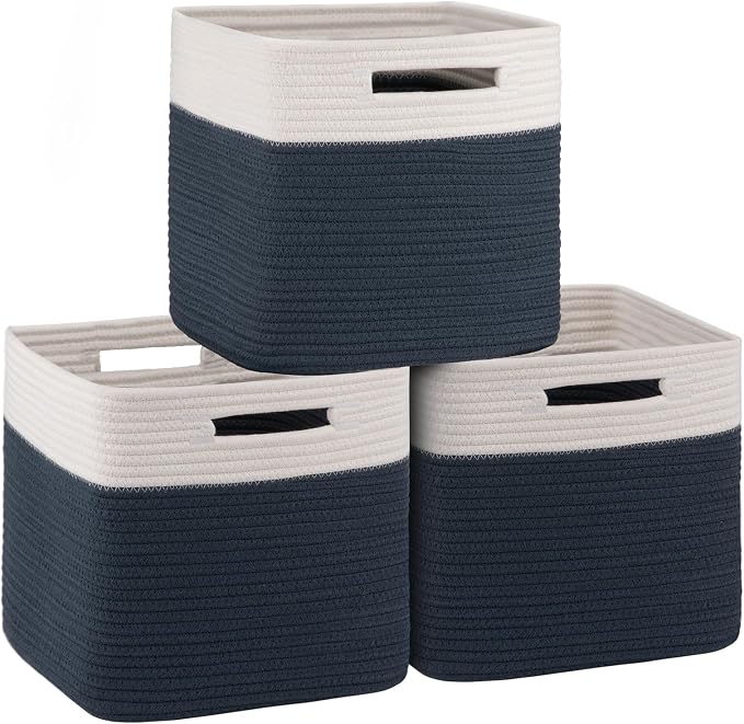 OIAHOMY Cube Storage Basket, 3-Pack Woven Cotton Rope Baskets for Storage, 11-Inch Cube Basket with Handles, Great for Shelves, Closets, Children's Toy Storage and Organization-White & Blue by MasterofSpaceOptimization