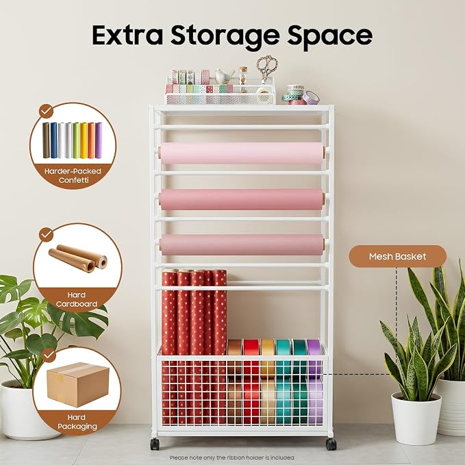 Ribbon Holder Organizer Rack, Double-Sided 16-Layer Ribbon Shelf with Wheel | Ribbon Display Rack, Multifunctional Metal Flower Wrapping Paper Storage Stand for Craft Room Flower Shop, Widen, White - Image 6