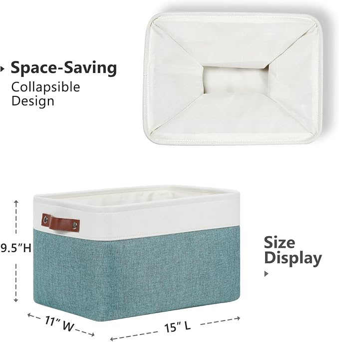 DULLEMELO Storage Baskets for Shelves, Fabric Collapsible Rectangular Storage Bins for Shelves, Closets, Nursery, Home, Office, Empty Gift Baskets (4-Pack-15"*11"*9.5", White&Deep Green) - Image 2