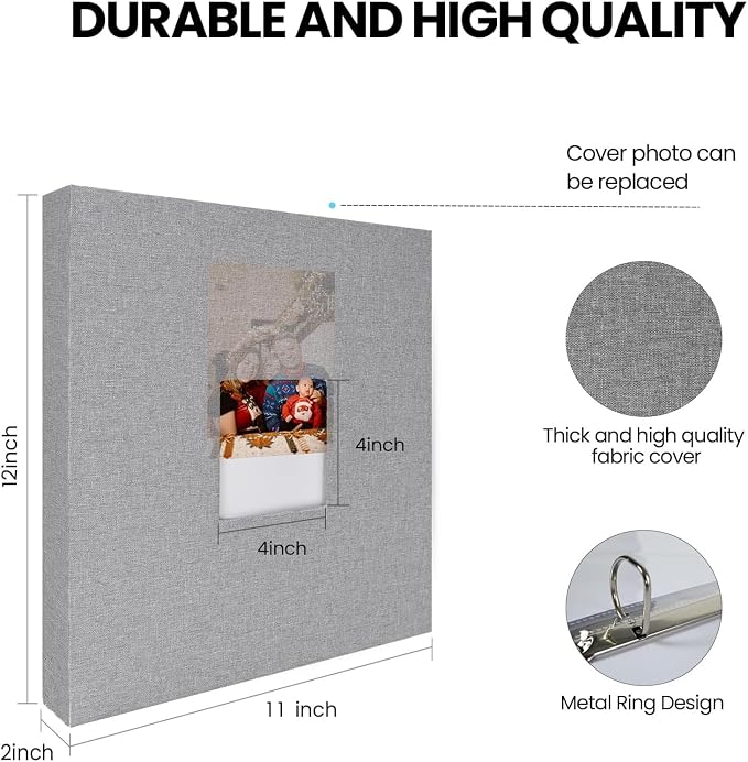 8.5x11 Scrapbook Inch Large 3 Ring DIY Linen Cover Scrap Books with 30 Plastic Sleeves 60 Pages Blank White Inner Pages, 8.5 x 11 Scrapbook Photo Albums for Baby Travel Wedding kids (Grey) - Image 2