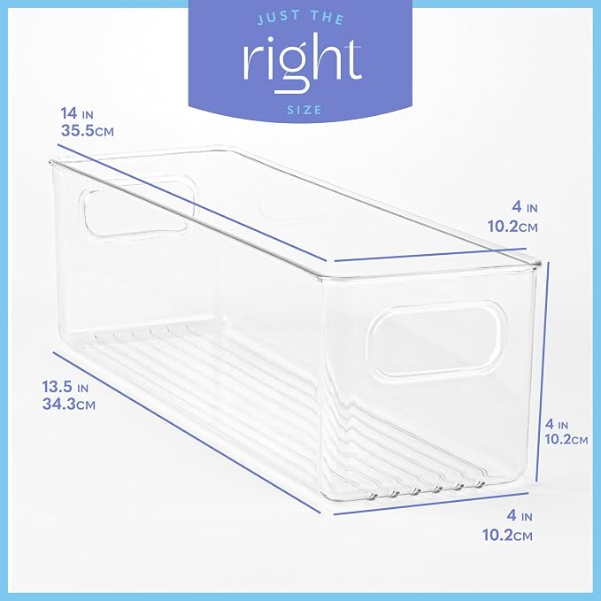 Plastic Food Storage 2 Pack Clear Container Bin with Handles for Organizing Kitchen, Pantry, Refrigerator, Freezer, Pantry, Cabinet, Closet, Bathroom. 14”X4”x4” - Image 3