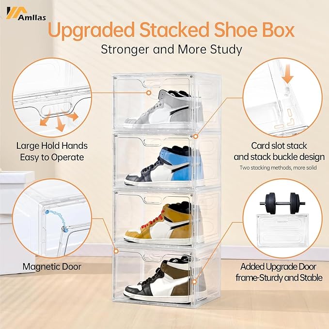 Amllas 8 Pack Shoe Boxes Clear Plastic Stackable, Large Shoe Storage Organizer with Lids,Drop Side Shoe Containers for Entryway,Sneaker Storage Fit up to US Size 13 (13’’x 10.6”x 8.3”) - Image 3