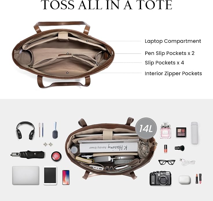 befen Vintage Genuine Leather Work Tote Bag for Women, Tote Bag with Zipper | Large Tote Bag with Zipper Leather Purse and Handbags with Compartment, Vintage Genuine Leather Work Tote Bag for Women - Image 3
