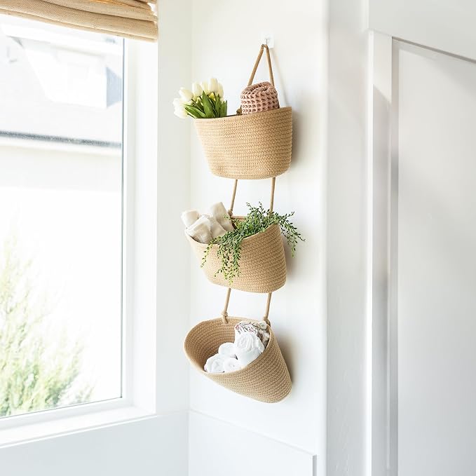 3-Tier Over the Door Hanging Basket (Set of 2) Adjustable, Detachable Woven Storage Baskets with Wall and Door Hooks - Decorative Boho Organizer for Nursery, Playroom, Bedroom, Kitchen, Apartment - Image 6