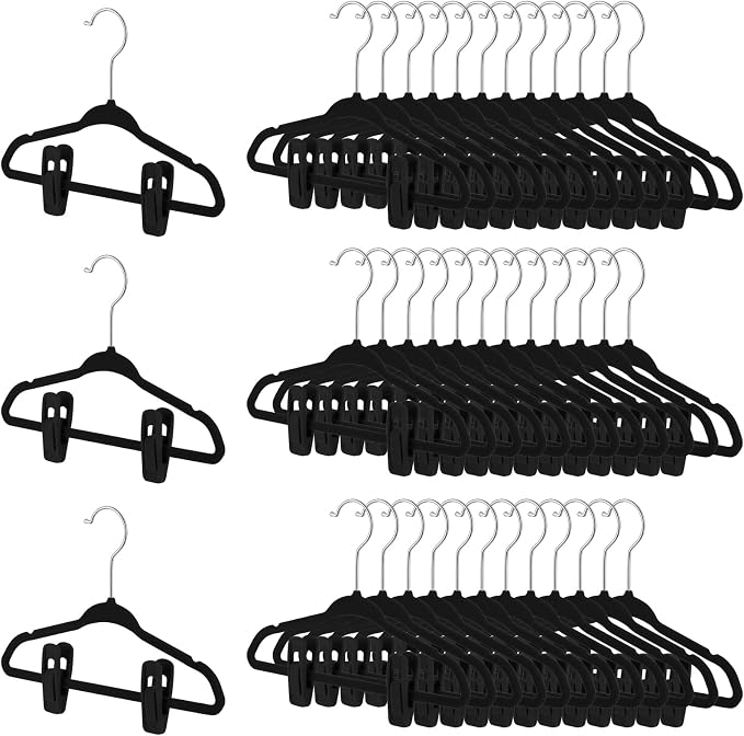 50 Pack Velvet Hangers for Baby & Kids, 11 Inch Non-Slip Infant Clothes Hangers with 100 Multi-use Adjustable Clips, Slim Space Saving Hanger for Nursery Closet, Toddler Skirts Pants Coat, Black by Soaoo