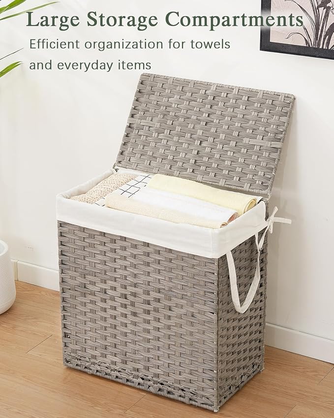 SETVSON Laundry Hamper with Lid Wicker Laundry Basket, 112L, Gray | Decorative Furniture Look for Bedroom & Bathroom, 2-Section Sorting Hamper with Lid, 2 Liners, 6 Bags, Side Handles - Image 4