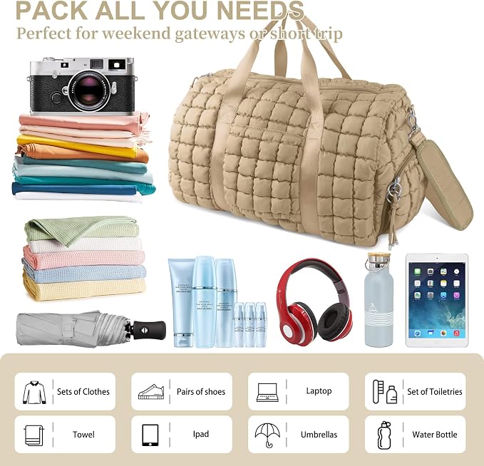 Quilted Travel Duffle Bag Gym Bag for Women,Large Puffer Duffle Weekender Bag with Compartment,Workout Overnight Carry on Organizer Bag Duffle Bag for Airplane Travel(L-Khaki) - Image 5