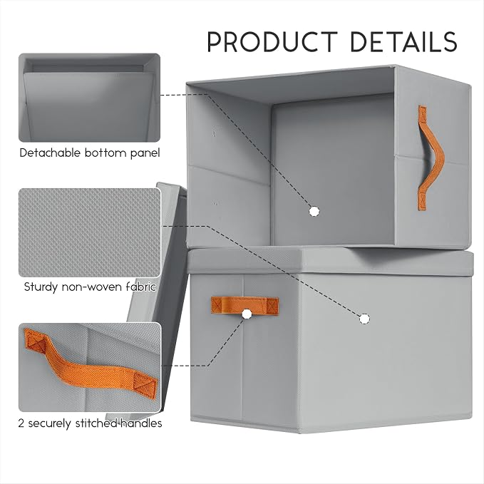 Storage Bins with Lids - Large Fabric Closet Bins with Lid, 6 Pack Clothes Organizers and Storage, Collapsible Stackable Cube Basket for Home, Office, Dorm, Grey - Image 4