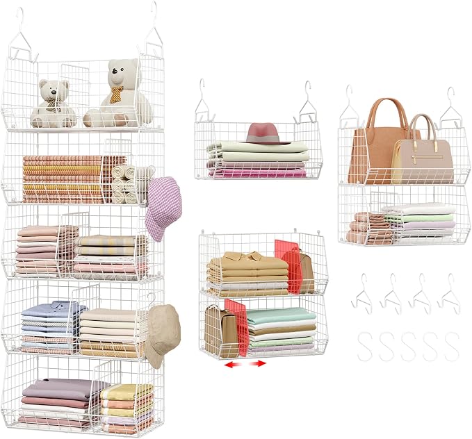 5 Tier Extra Large Closet Hanging Shelves with Divider,2 Pair Hook,16.5"L x 11.8"W x 51.4"H Closets Organizers and Storage,Clothes Organizer Clothing Sweaters Shoes Handbags Clutches Accessories-White by Jautokerdar