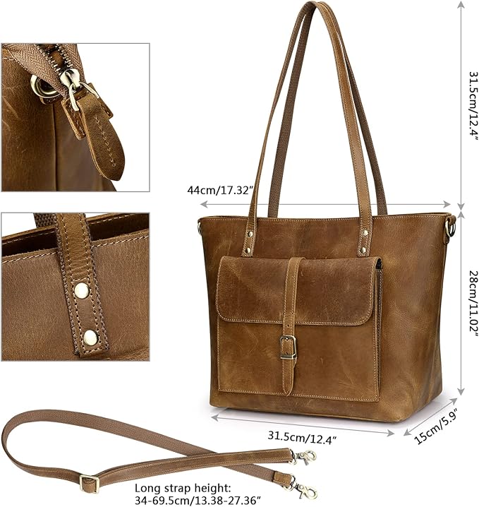 S-ZONE Women Vintage Genuine Leather Tote Bag Large Shoulder Purse Work | 14" Padded Laptop Compartment, Detachable Long Strap, Luggage Strap, Multi Pockets, Travel Everyday - Image 5