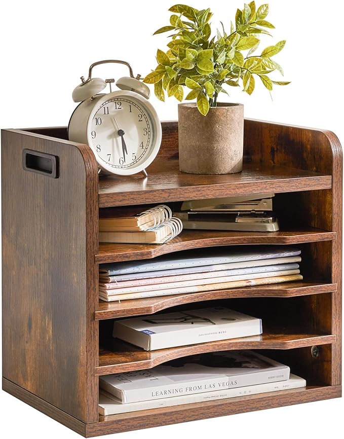 YMYNY Desktop File Organizer with Handle, Document Letter Mail Tray Sorter with 3 Adjustable Shelves, 5 Tiers Paper Holder for School Home Office Desk, Rustic Brown,13.4 * 12.4 * 9.06" UHBC006H by High-qualityhomefurnishing