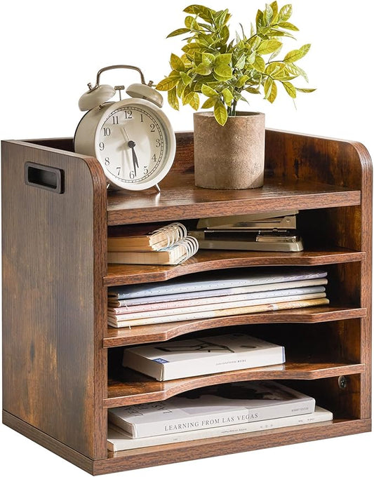 YMYNY Desktop File Organizer with Handle, Document Letter Mail Tray Sorter with 3 Adjustable Shelves, 5 Tiers Paper Holder for School Home Office Desk, Rustic Brown,13.4 * 12.4 * 9.06" UHBC006H by High-qualityhomefurnishing