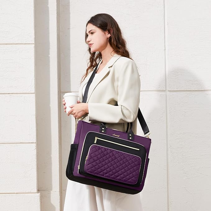 LOVEVOOK Teacher Tote Bag for Women Work, Laptop Bag Work Tote Bag Nurse Bags With Large Cup Holder, Professional Computer Briefcase Business Large Purses Handbag, Diaper Bag Mother Gift, Black-Purple - Image 3